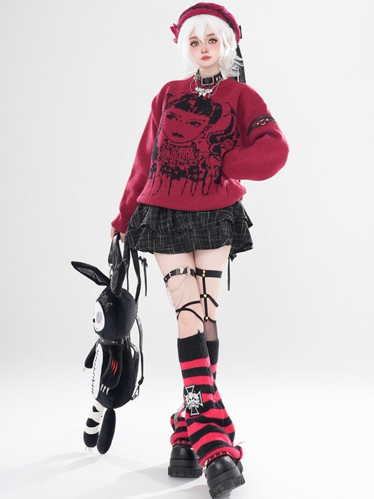 ワインレッド/ブラック Y2K ガール柄セーター（フリーチョーカー付き）