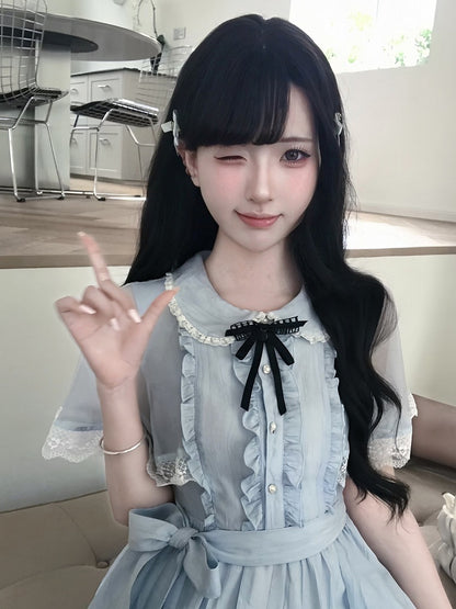 Blue Tulle Cape Peter Pan Collar Dress with Bow Tie Seiso Style - LA LA JK