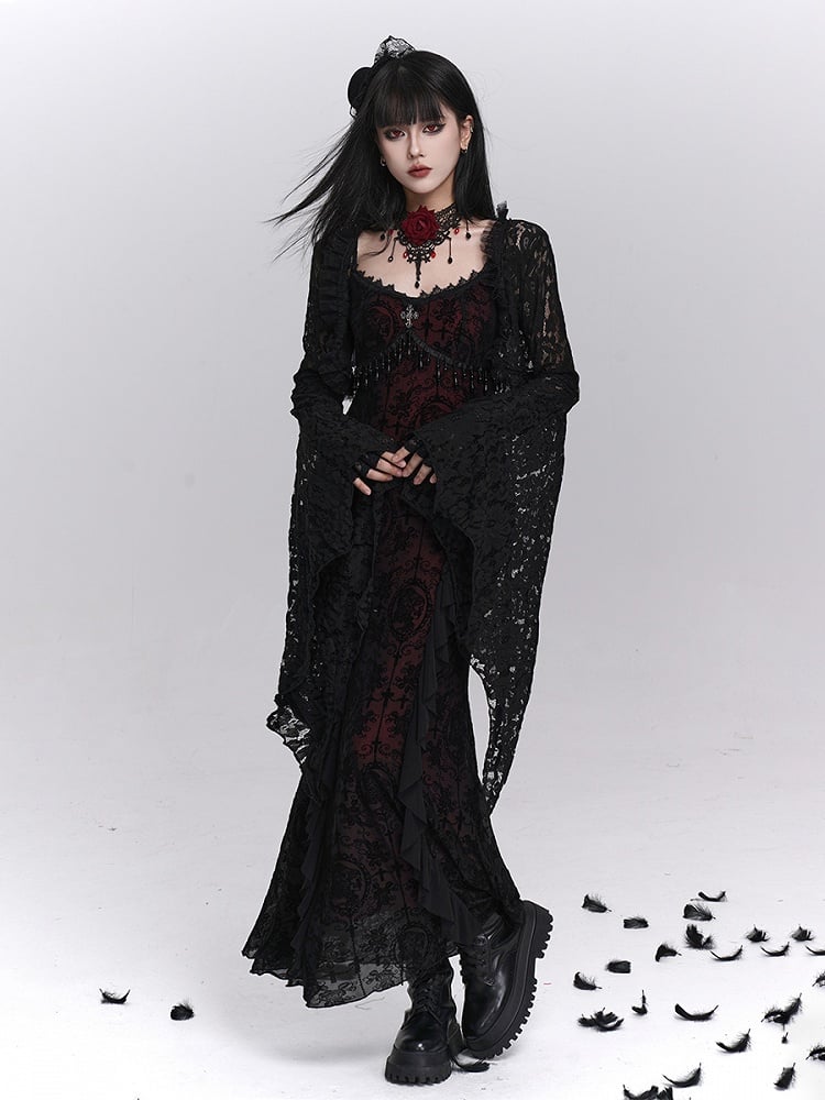 Dress Cross Halloween Slip Black with Fringe Embroidery Mermaid Detail Gothic