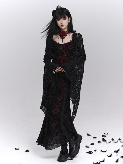 Dress Cross Halloween Slip Black with Fringe Embroidery Mermaid Detail Gothic