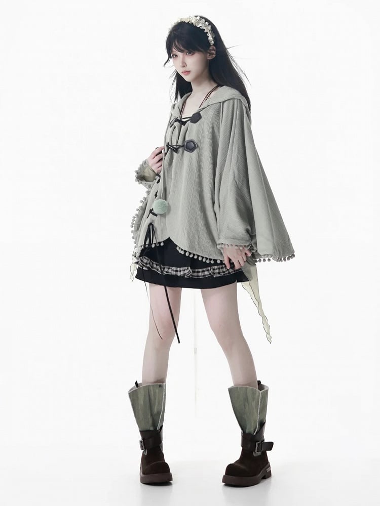 Accents Lace-Up Pom-Pom with and Kei Hooded Design Green Dusty Cape Mori