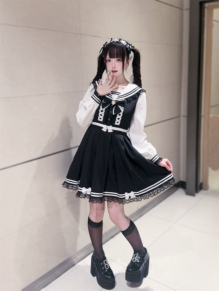 Jirai Bunny-Ear Lace Sailor with Dress White Long and Dress: Trim Kawaii Black Kei Collar Sleeve