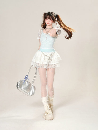 Mint Blue Slim-fitting Set Cami Top Cropped T-shirt Glamorous with Lace