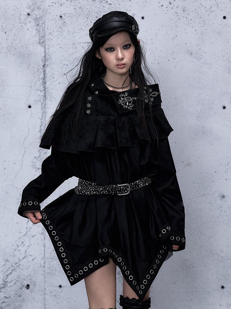 Black Asymmetrical Zipper Side Stud Skirt with 2-Way Grommet Rock Punk Accents Closure Tiered