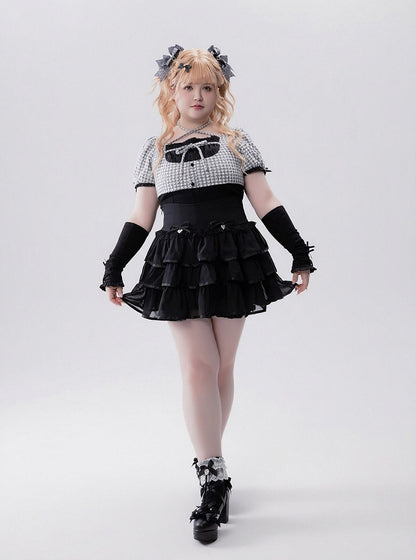 Black Faux Two-Piece Houndstooth Halter Knit Top with Arm Warmers - Fluffy Heart