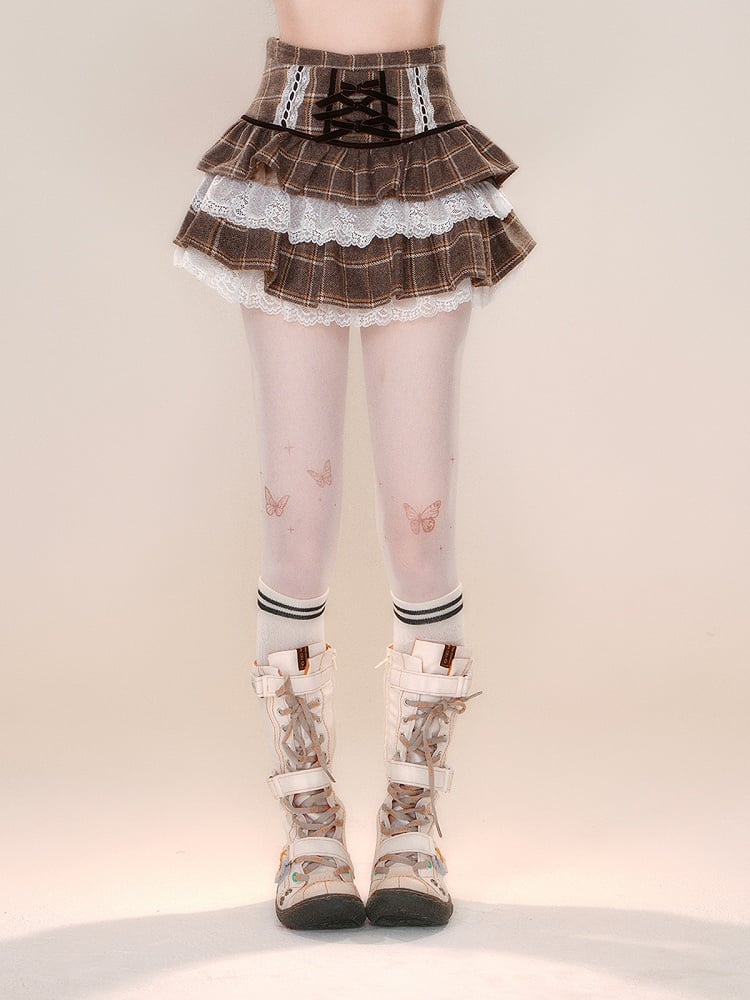 Tiered Plaid Skirt Brown Accents Bow