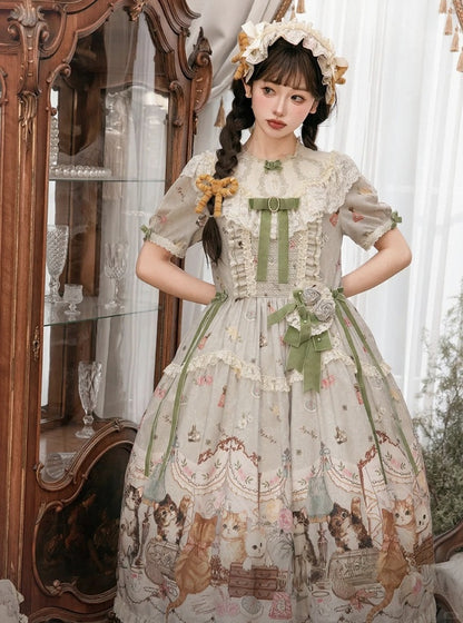 Green Cat Print Round Neck Sweet Lolita Dress with Lace Trim - NyaNya