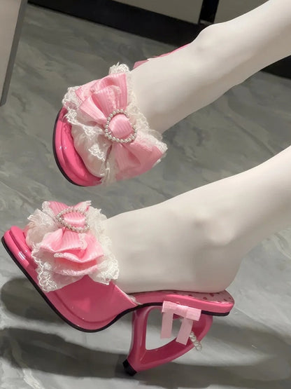 PU Deep Slip-In with Beadwork Bow Design Heel Heart Fit