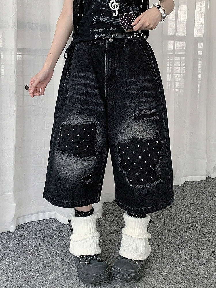 Black Distressed Wide Leg Jeans with Polka Dot Pattern - Solkatt