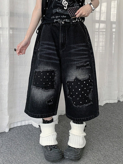 Black Distressed Wide Leg Jeans with Polka Dot Pattern - Solkatt