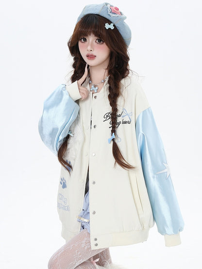 Blue and Apricot Furry Puppy Applique Baseball Jacket