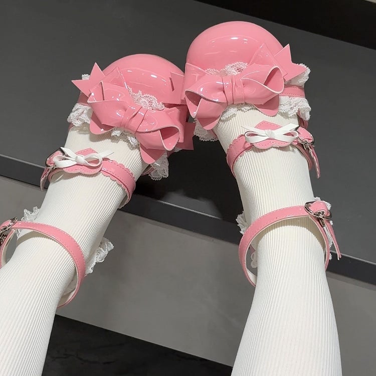 Round Deep Lace Toe Bow - Sandals at Top Trim Pink