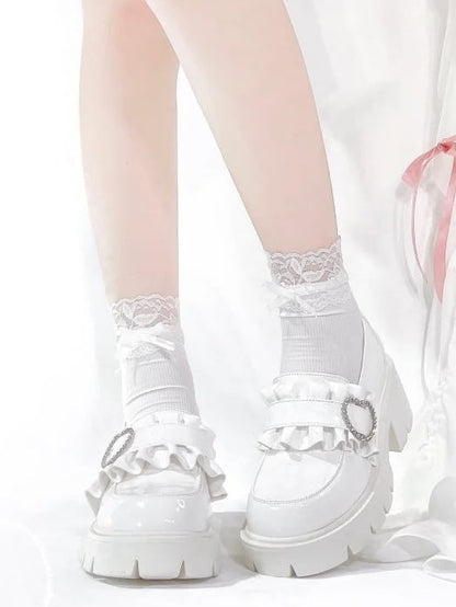 6.5cm White Chunky with Sweetheart Detail Kei Platform Heel Loafers Beaded Jirai