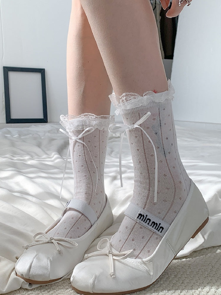 Socks Pattern Lace Polka-dot White/Gray Bowknot Trim Details Calf