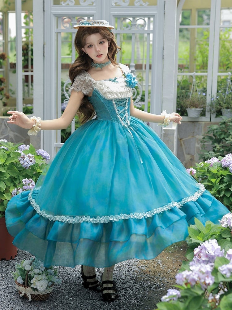 Teal Flutter-Sleeve JSK Dress with Lace-Up Back and Tiered Skirt - With PUJI