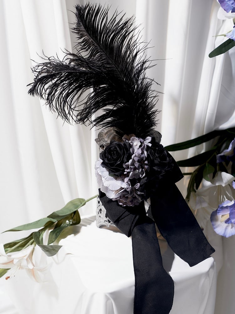 Accent Flower Lolita Hairclip Black/Gray/Brown and Bow Feather with