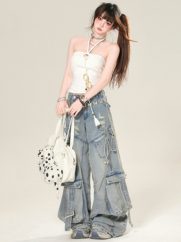 ストラップネックタッセルトップホワイトホルターグラマラス