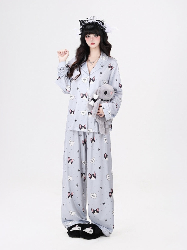 Grey Cute Otaku Kitten Print Long Lounge Wear Two-Piece Set - Long-Sleeve Top + Pants - CRAZY GIRL