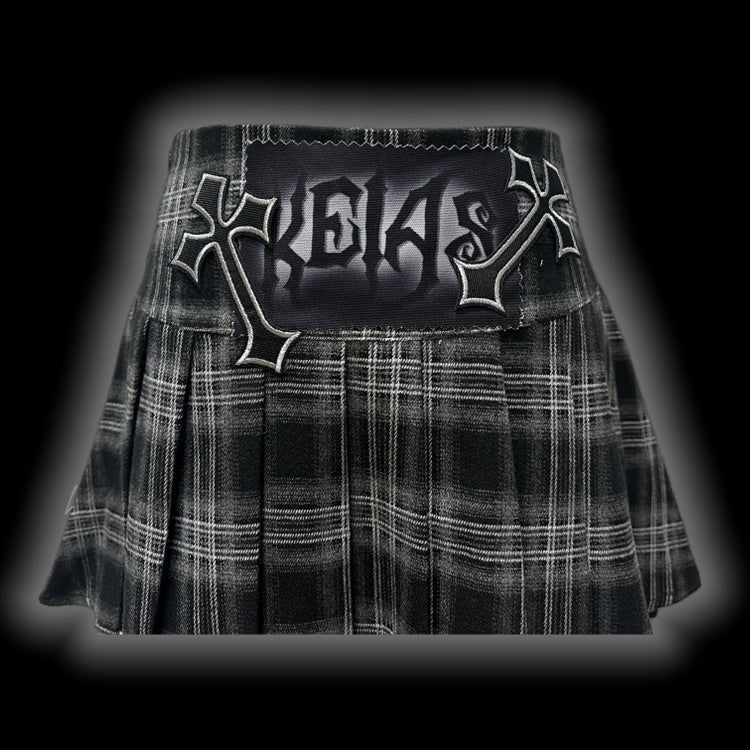 Punk Gray Cross Applique Low-Waisted Plaid Pleated Mini Skirt with Free Waist Chain