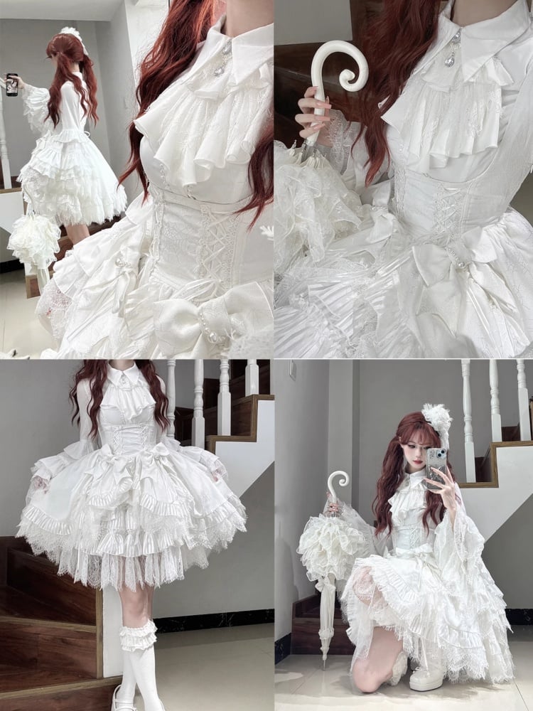 Weißes Shiro Lolita-Kleid aus Spinnennetzstoff mit Kordelzug am Saum unter der Brust