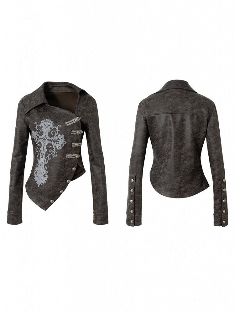 Gray-Brown Vintage with Jacket Cross Dark Punk Street Print Placket Asymmetrical Button