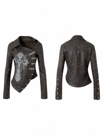 Gray-Brown Vintage with Jacket Cross Dark Punk Street Print Placket Asymmetrical Button