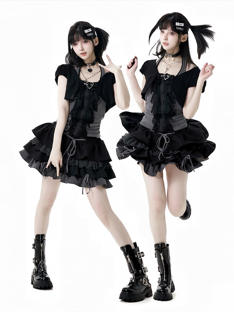 スカート クロップドトップ + ホルターネックトップ + ティアードスリーブ Y2K ブラック &amp; グレー 3ピースセット - ショート