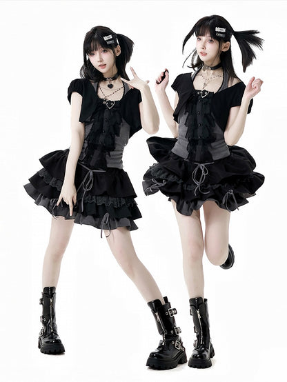 スカート クロップドトップ + ホルターネックトップ + ティアードスリーブ Y2K ブラック &amp; グレー 3ピースセット - ショート