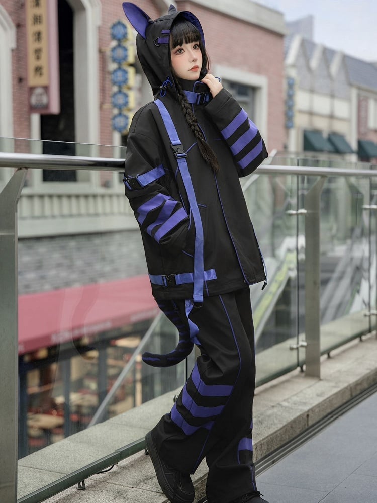 Shorts/Pants Purple Outfit Warmers + Futuristic Fashion Windbreaker Striped Full - Baggy Straight-leg Leg Cyber Set Black