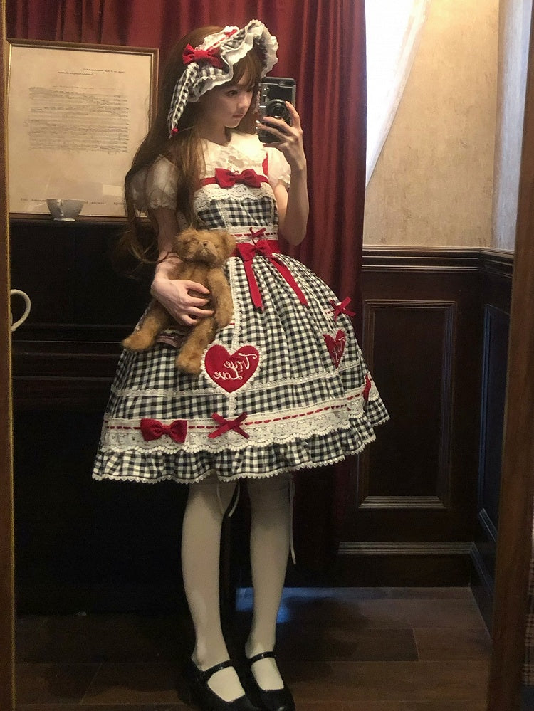 Altes Lolita-Kleid aus Baumwolle, weiß, schwarz, karierter Rock, Pullover und Schule