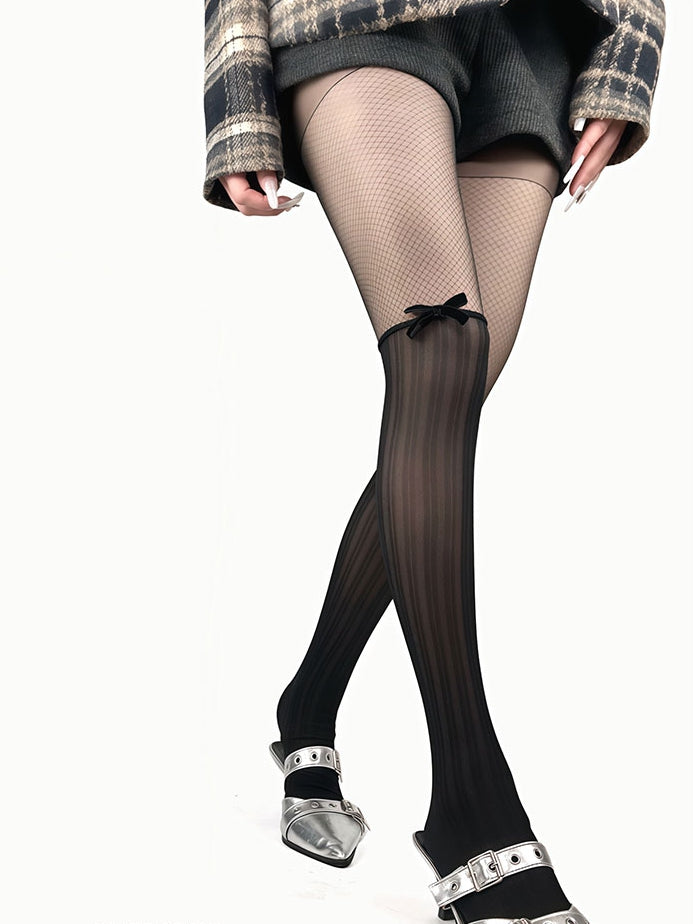 Tights Black/Beige Decorated Bowknot Striped