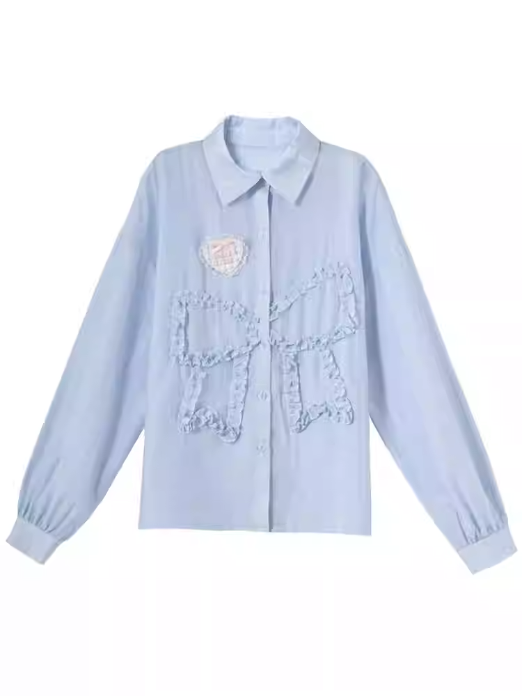 セミシースルーのフリル付き蝶結びアップリケ付きブルーサンプロテクションシャツ
