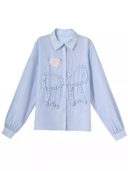 セミシースルーのフリル付き蝶結びアップリケ付きブルーサンプロテクションシャツ