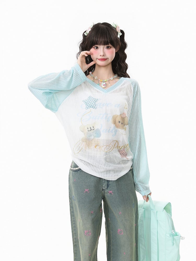 Apricot/Pink/Green Kawaii V-Neck Knit Top with Puppy Print - Long Sleeve Pullover