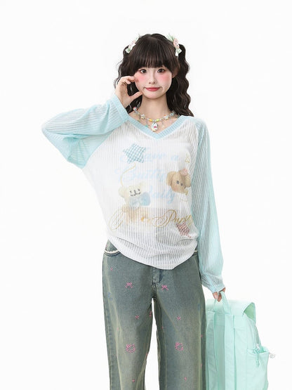 Apricot/Pink/Green Kawaii V-Neck Knit Top with Puppy Print - Long Sleeve Pullover