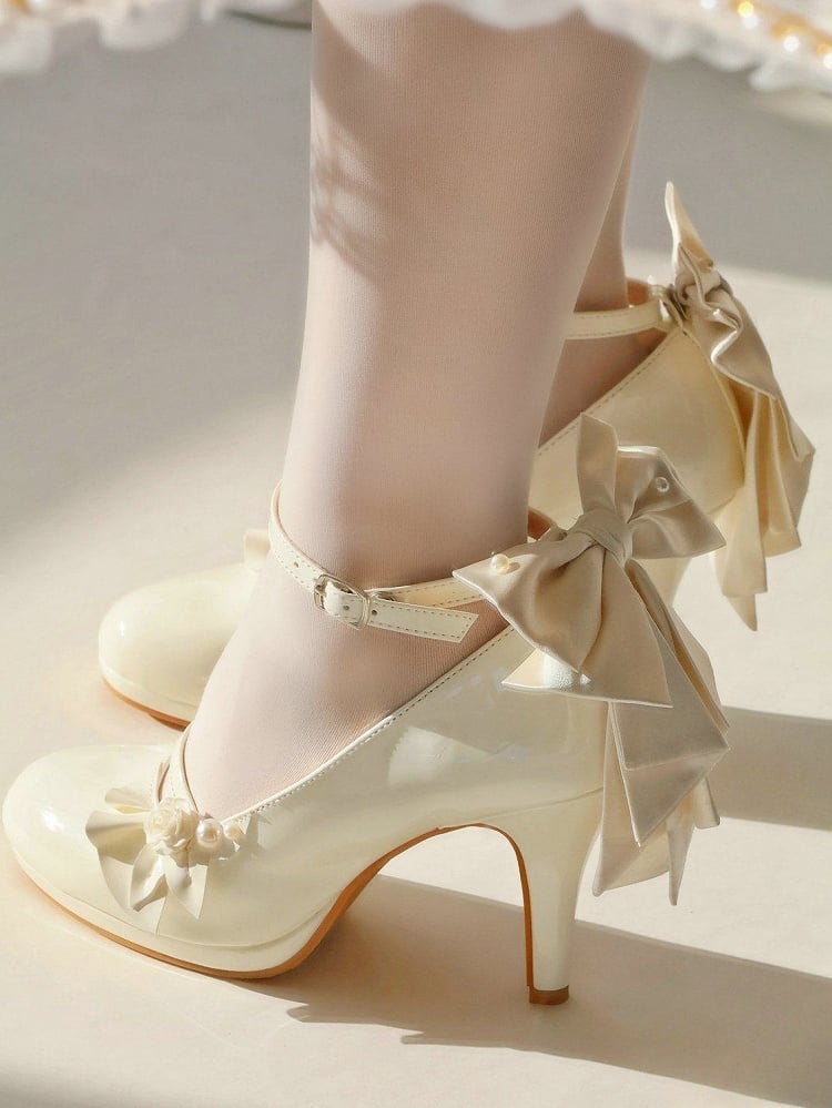 with White - Lolita Embellishments Elegant Mary Janes Design High-heel Rose Ruffle