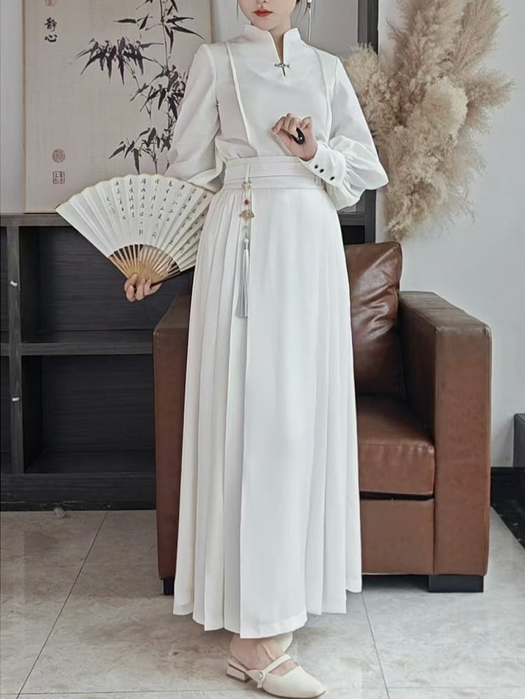 Balloon Mandarin White Chinese Sleeve Cuffs Button Style with Top Sleeves Collar - Snap Long