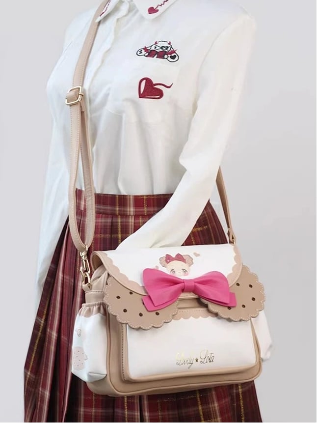 Bowknot with Crossbody Lambskin-Touch Print Dog Lolita Bag Cookie