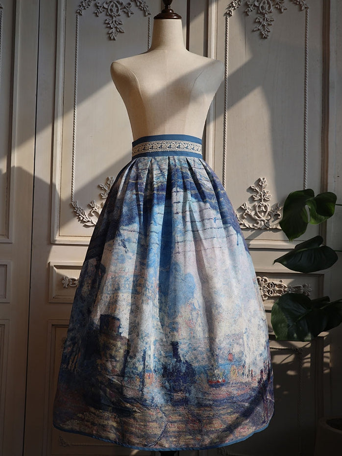 バージョンウエストスカートショートサンラザール油絵プリントブルーハイガール