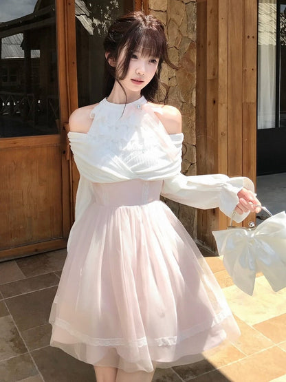 Seiso-kei Halter Off Shoulder Long Sleeve Mesh Dress in Pink and White with Ruffles and Bow Tie - LA LA JK