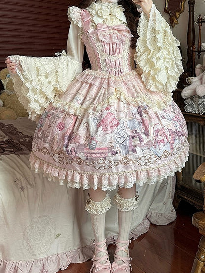 Sleeves Pink Cat Dress Flutter Trim and Bow Lace Print Accents Sweet with Lolita JSK