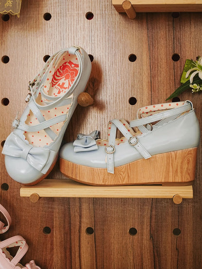 PU Shoes Design at Wedge Top Platform Bow Sweet Crisscross Blue Lolita with