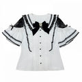 Monochrome Jirai Kei Lace Cutout Shoulder Batwing Sleeve Blouse with Bow Tie - Dream Core Waves