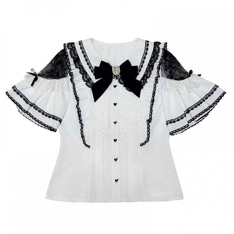 Monochrome Jirai Kei Lace Cutout Shoulder Batwing Sleeve Blouse with Bow Tie - Dream Core Waves