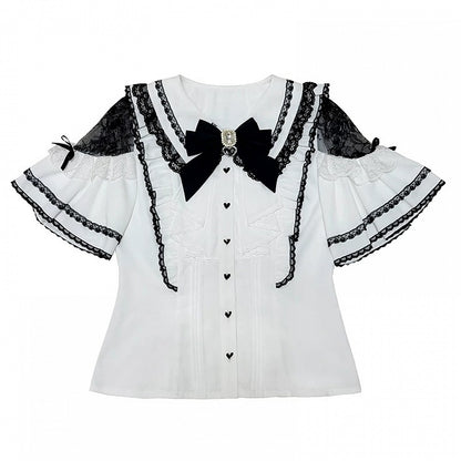 Monochrome Jirai Kei Lace Cutout Shoulder Batwing Sleeve Blouse with Bow Tie - Dream Core Waves