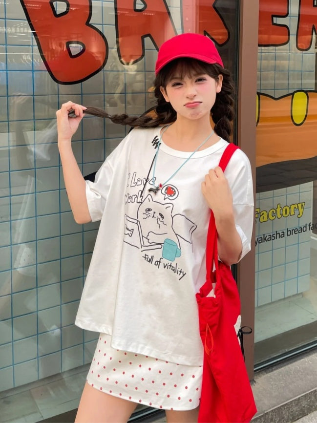 ホワイトラウンドネックキティプリントルーズTシャツ