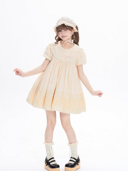 Sweet Beige Crew Neck Short Sleeve Lolita Dress Bow Accents - New Tea