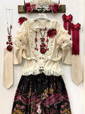 Beige Short-Sleeved Lolita Blouse with Lace Trim Self-Tie Accent - Forest Fairy Tales
