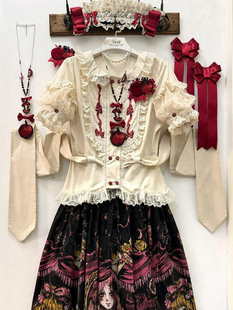 Beige Short-Sleeved Lolita Blouse with Lace Trim Self-Tie Accent - Forest Fairy Tales