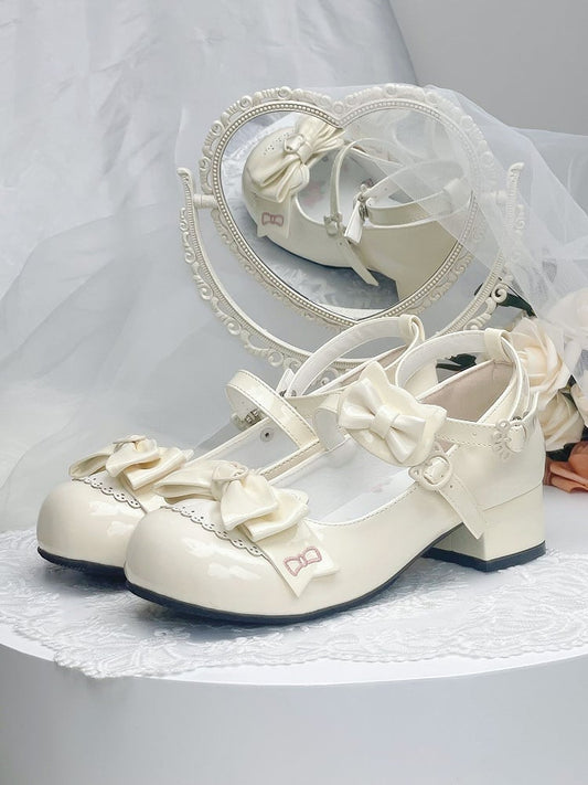 Apricot Bowknot Kitty-shaped Buckle Strap Block Heels Lolita Mary Janes